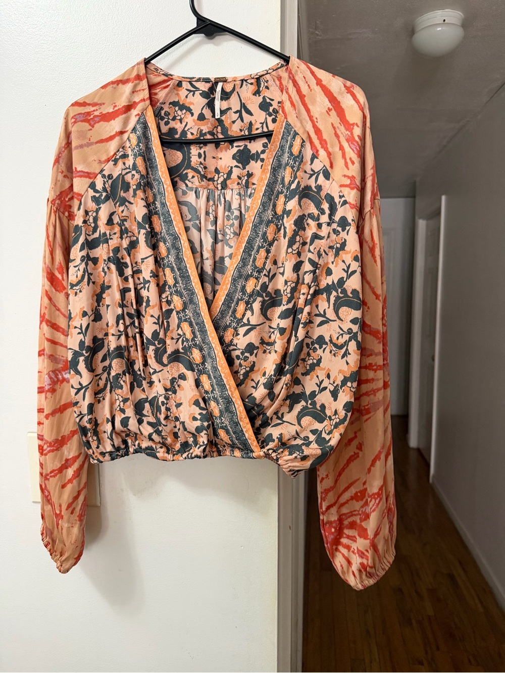 Free People Peach Floral Contrast-Trim Wrap Blouse